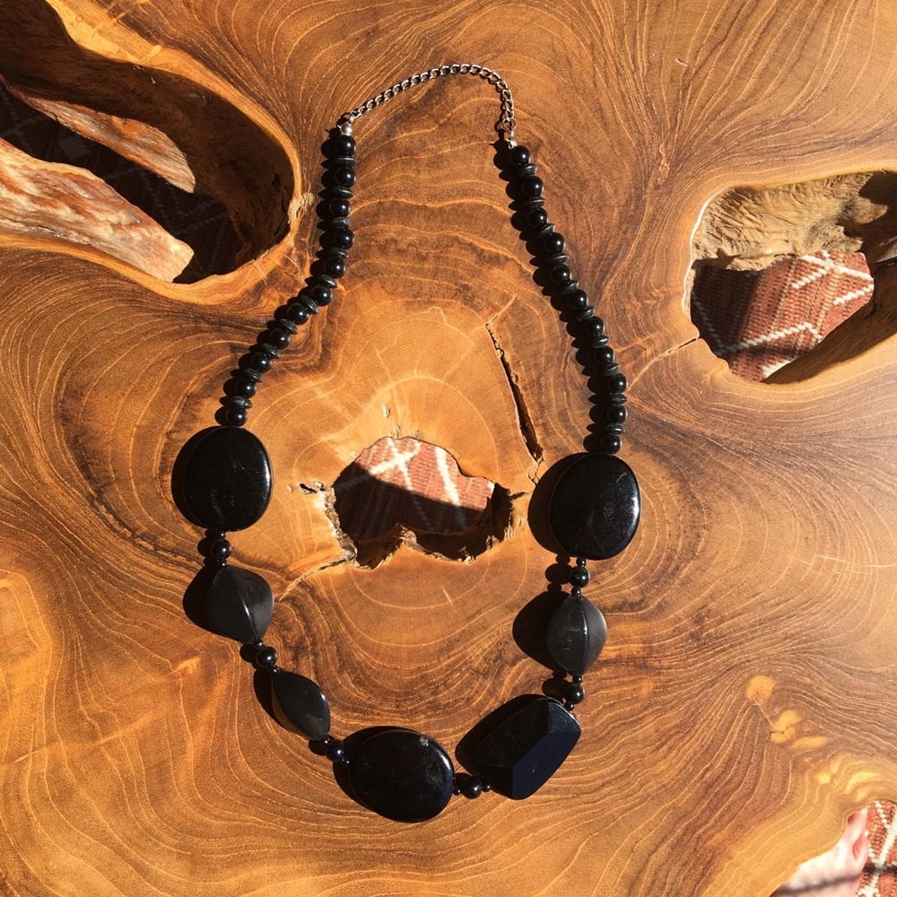 Chunky Black pebble beaded necklace, bold and flashy